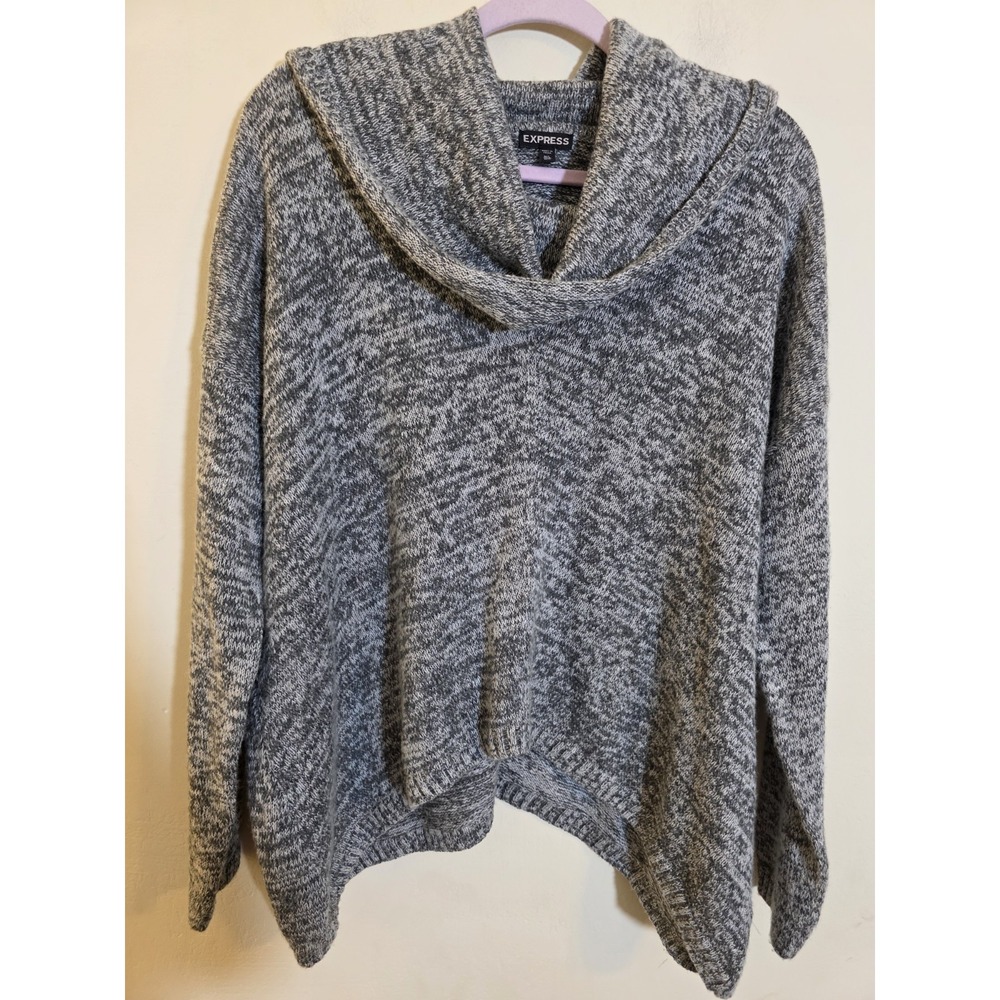 Express Women's M/L Cowl Neck Sweater Grey/Green Knit Wool Mohair BlendOversized